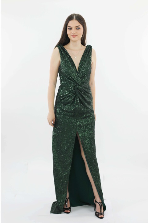 Rochie lunga de seara din paiete cu nod BLANCA, Verde inchis