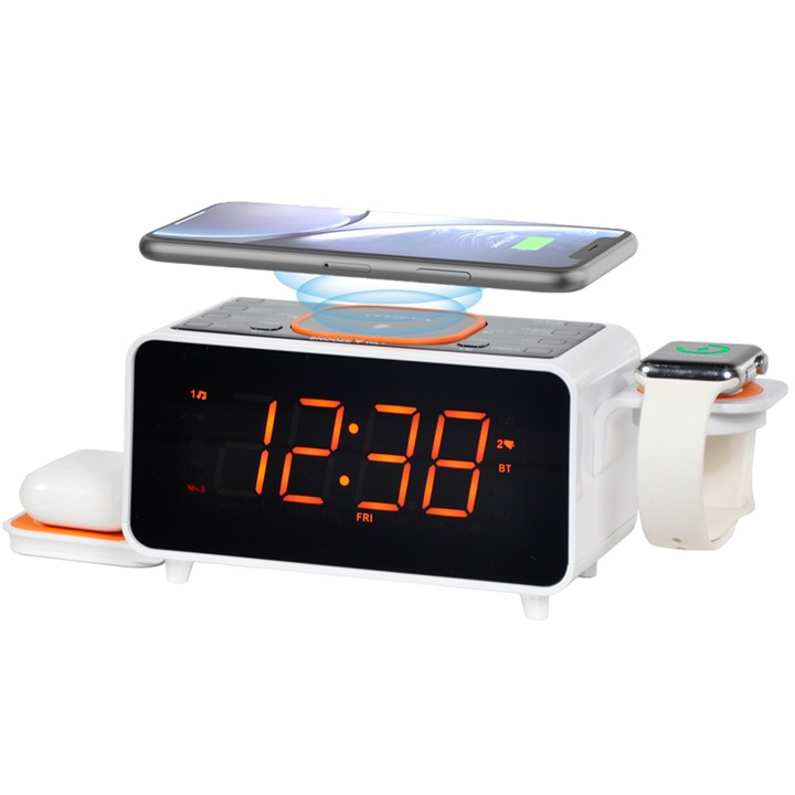 Радио с часовник, iTOMA, Преносима аларма, Безжично зареждане, LED, нощна светлина, Bluetooth