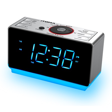 Radio cu ceas, Digital FM, iTOMA, LED, Difuzor Bluetooth, 2 Alarma, Lumina Noapte, Negru/Gri
