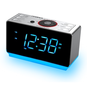 Radio cu ceas, Digital FM, iTOMA, LED, Difuzor Bluetooth, 2 Alarma, Lumina Noapte, Negru/Gri