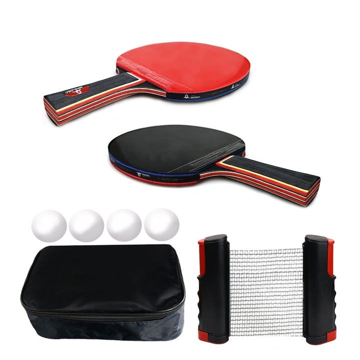 Set complet de ping pong cu 2 palete tenis de masa, fileu retractabil, 4 mingi si geanta transport