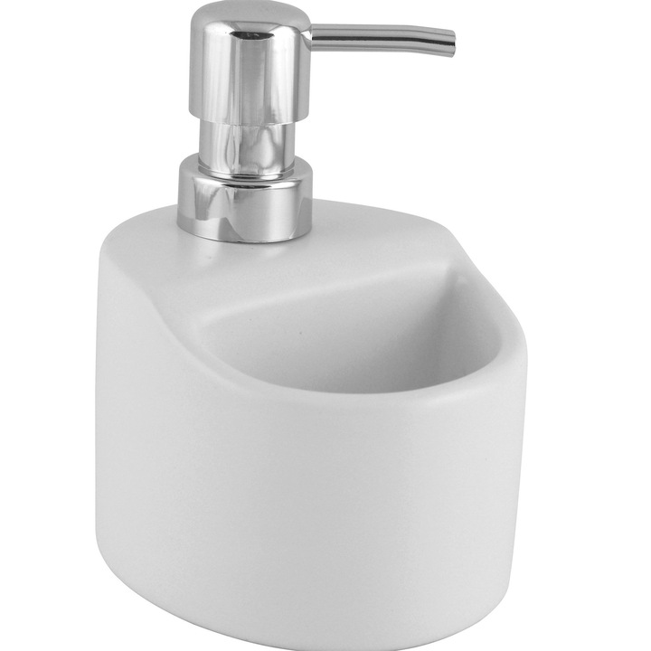 Dozator detergent cu suport burete Shopiens®, din ceramica, 9.6 x 11.3 x 14 cm, alb