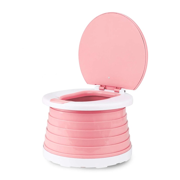 Мултифункционално преносимо гърне, Chigoods, С ергономична седалка и висока облегалка, сгъваемо, Подходящо за обучение на деца, ABS материал, За къмпинг, дейности на открито и закрито, Розово