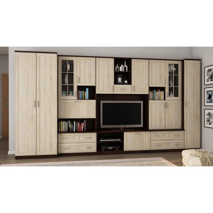 Unitate de perete Cyclone Dark/Sonoma Light, Meblast, Nuc+ Stejar, Pentru living, 400x210x53 cm, Maro/Bej