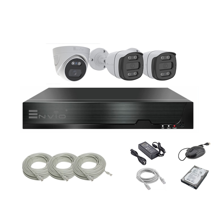 Kit/sistem supraveghere video complet ENVIO IP POE Full Color PESS-KIT3CH2DFM70H400WM1BFP60H400