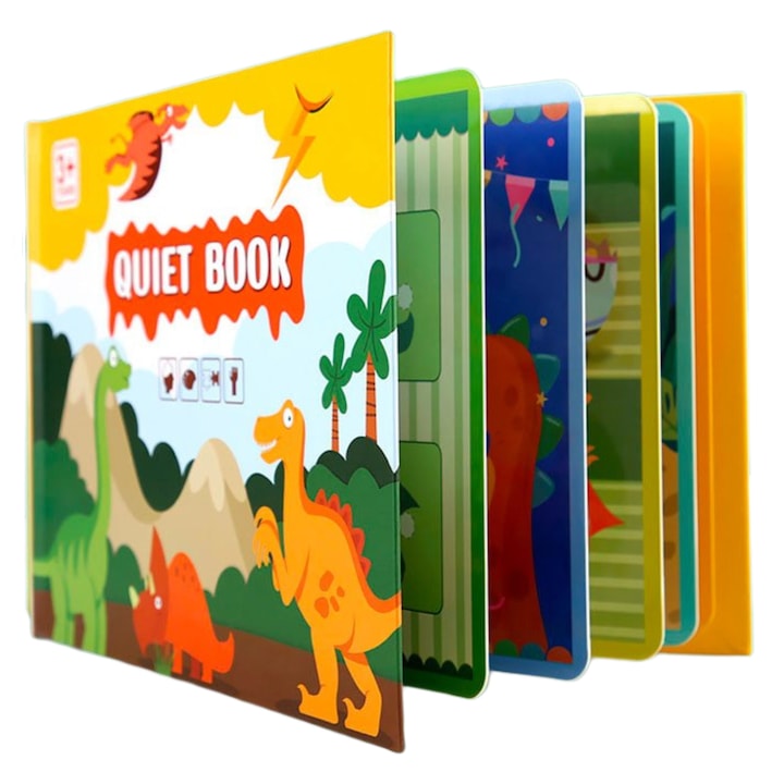 Oktatókönyv újrafelhasználható matricákkal Quiet Book - Dinoszauruszok, 10 oldal, Toyska®