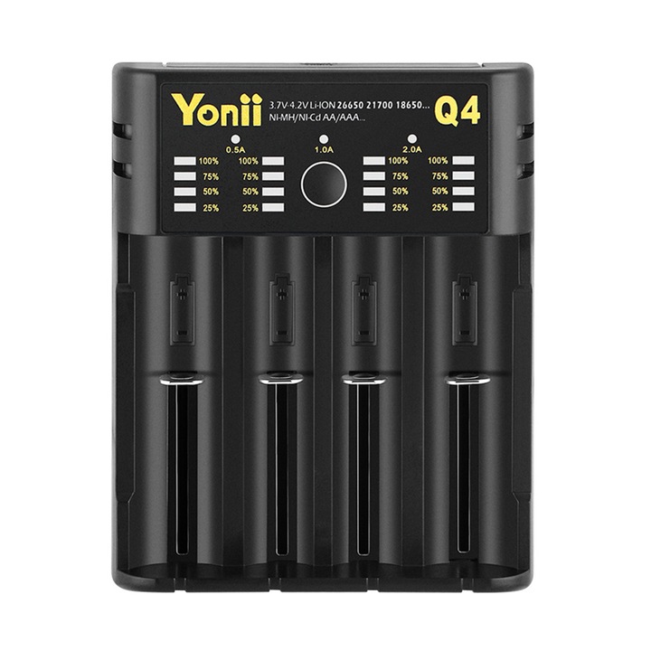 Incarcator pentru acumulatori USB, Baterie universala, Yonii, 1.2V/3.7V, Li-ion/Ni-MH/Ni-CD, 4 Spatii, Negru