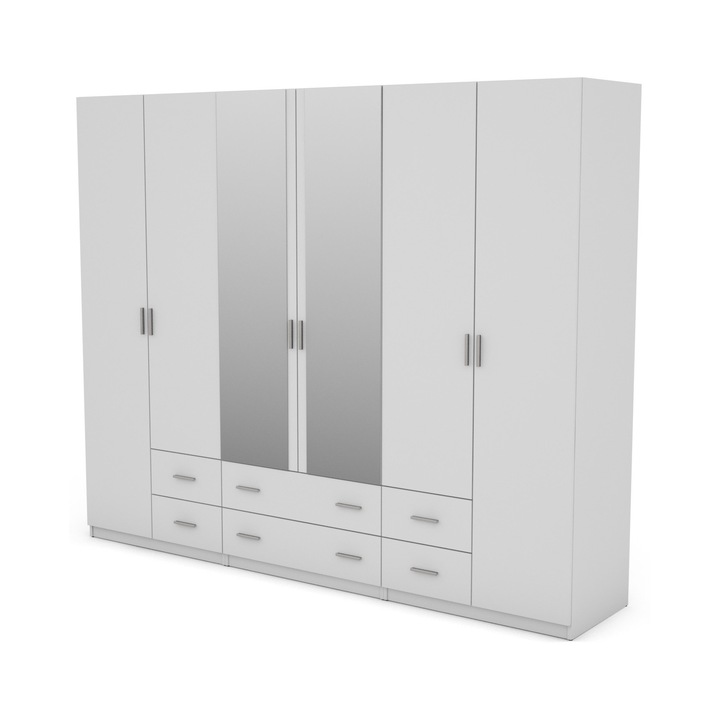 Dulap, Meblast, Premium lucrate manual, 240 cm x 220 cm x 57 cm, Sifonier, PAL 18 mm, HDF de 3 mm, PVC 0.8 mm, Cu oglinda - 2 buc, Alb