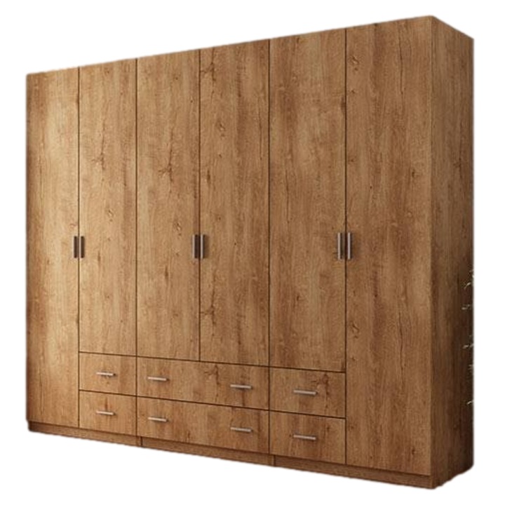 Dulap, Meblast, Premium lucrate manual, 270 cm x 220 cm x 57 cm, Sifonier, PAL 18 mm, HDF de 3 mm, PVC 0.8 mm, Numar de usi 6, Numar de sertare 6, Stejar Lefkas