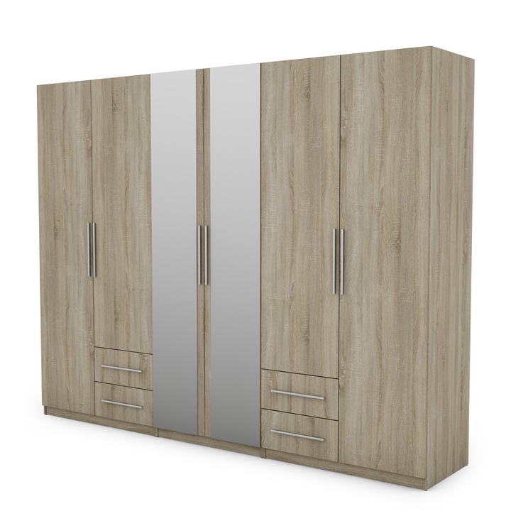 Dulap, Meblast, Premium lucrate manual, 280 cm x 220 cm x 57 cm, Sifonier, PAL 18 mm, HDF de 3 mm, PVC 0.8 mm, Numar de usi 6, Numar de sertare 4, Cu oglinda - 2 buc, Sonoma Bright