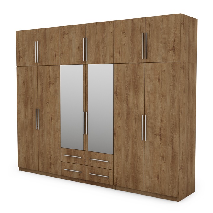 Dulap, Meblast, Premium lucrate manual, 300 cm x 240 cm x 57 cm, Sifonier, PAL 18 mm, HDF de 3 mm, PVC 0.8 mm, Numar de usi 12, Numar de sertare 4, Cu oglinda - 2 buc, Stejar Lefkas