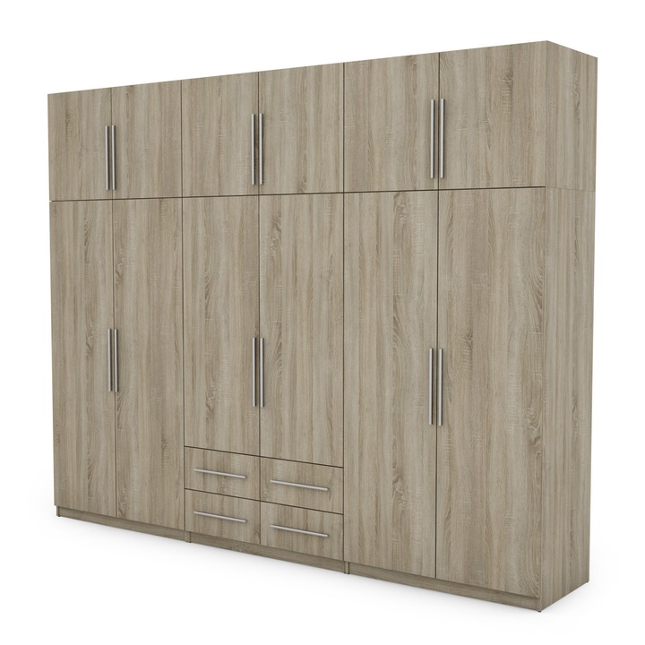 Dulap, Meblast, Premium lucrate manual, 300 cm x 240 cm x 57 cm, Sifonier, PAL 18 mm, HDF de 3 mm, PVC 0.8 mm, Numar de usi 12, Numar de sertare 4, Sonoma Bright