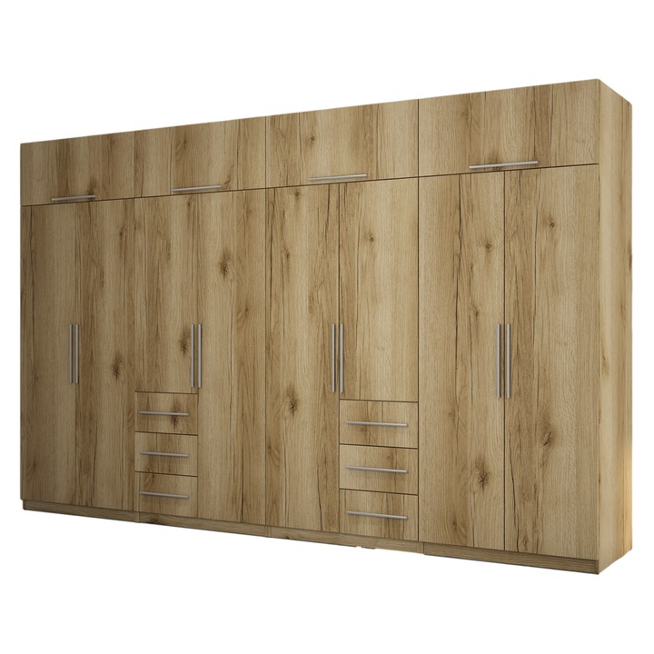 Dulap, Meblast, Premium lucrate manual, 360 cm x 220 cm x 57 cm, Sifonier, PAL 18 mm, HDF de 3 mm, PVC 0.8 mm, Numar de usi 12, Numar de sertare 6, Stejar Grand Natural