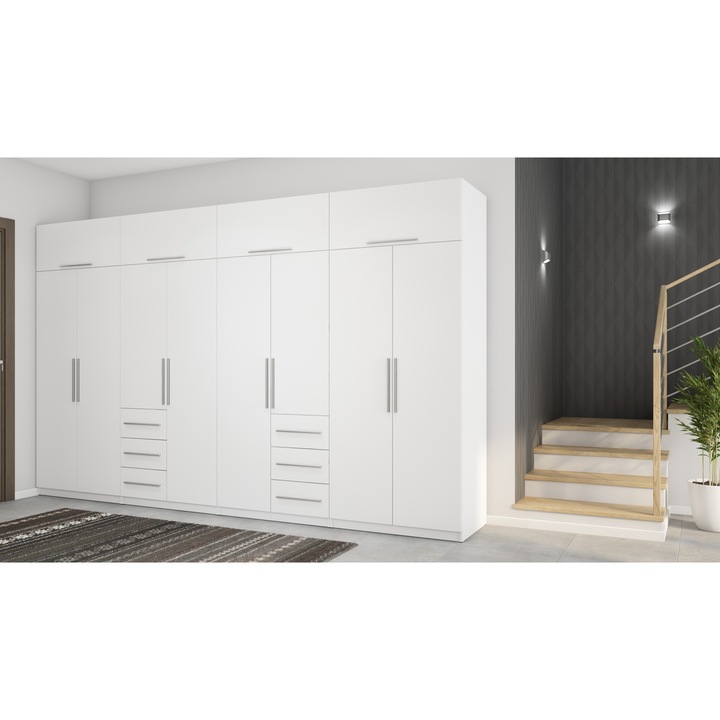 Dulap, Meblast, Premium lucrate manual, 360 cm x 220 cm x 57 cm, Sifonier, PAL 18 mm, HDF de 3 mm, PVC 0.8 mm, Numar de usi 12, Numar de sertare 6, Alb