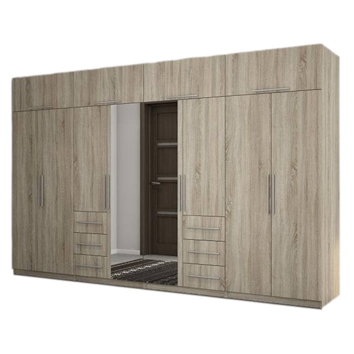 Dulap, Meblast, Premium lucrate manual, 360 cm x 220 cm x 57 cm, Sifonier, PAL 18 mm, HDF de 3 mm, PVC 0.8 mm, Numar de usi 12, Numar de sertare 6, Cu oglinda - 2 buc, Sonoma deschis