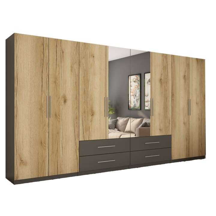 Dulap, Meblast, Premium lucrate manual, 400 cm x 220 cm x 57 cm, Sifonier, PAL 18 mm, HDF de 3 mm, PVC 0.8 mm, Numar de usi 8, Numar de sertare 4, Cu oglinda - 2 buc, Grafit/Grand Natural Oak