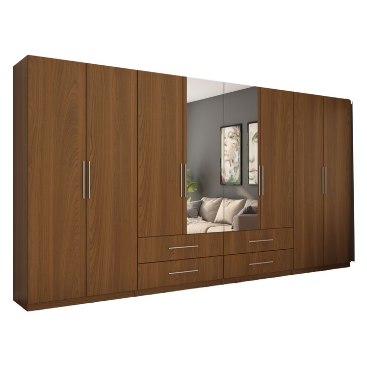 Dulap, Meblast, Premium lucrate manual, 400 cm x 220 cm x 57 cm, Sifonier, PAL 18 mm, HDF de 3 mm, PVC 0.8 mm, Numar de usi 8, Numar de sertare 4, Cu oglinda - 2 buc, Cirese Porto