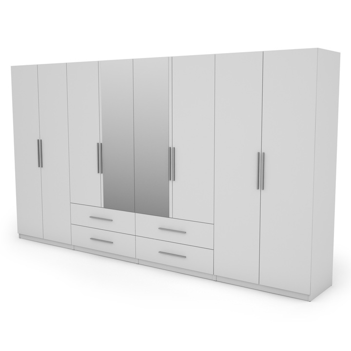 Dulap, Meblast, Premium lucrate manual, 400 cm x 220 cm x 57 cm, Sifonier, PAL 18 mm, HDF de 3 mm, PVC 0.8 mm, Numar de usi 8, Numar de sertare 4, Cu oglinda - 2 buc, Alb
