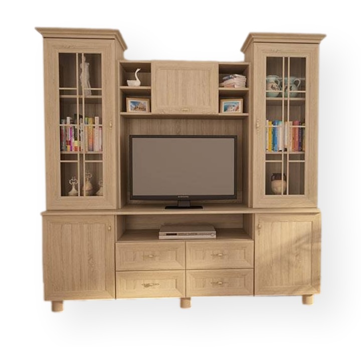 Dulap, Meblast, 200 cm x 207 cm x 44 cm, dublu laminat, 18 mm, banda decorativa MDF, 5 usi, 4 sertare, Light Sonoma