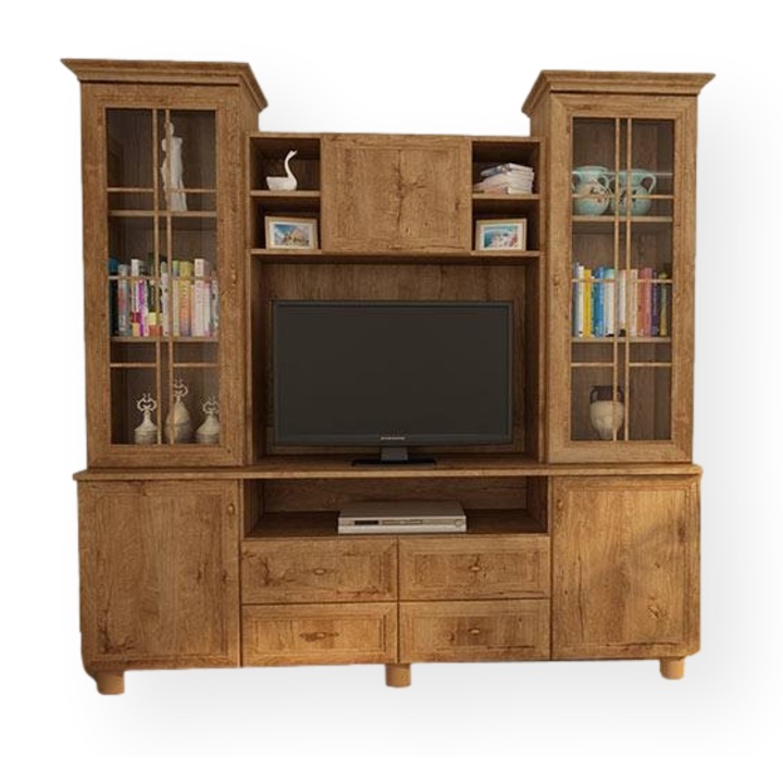 Dulap, Meblast, 200 cm x 207 cm x 44 cm, dublu laminat, 18 mm, banda decorativa MDF, 5 usi, 4 sertare, Stejar Lefkas