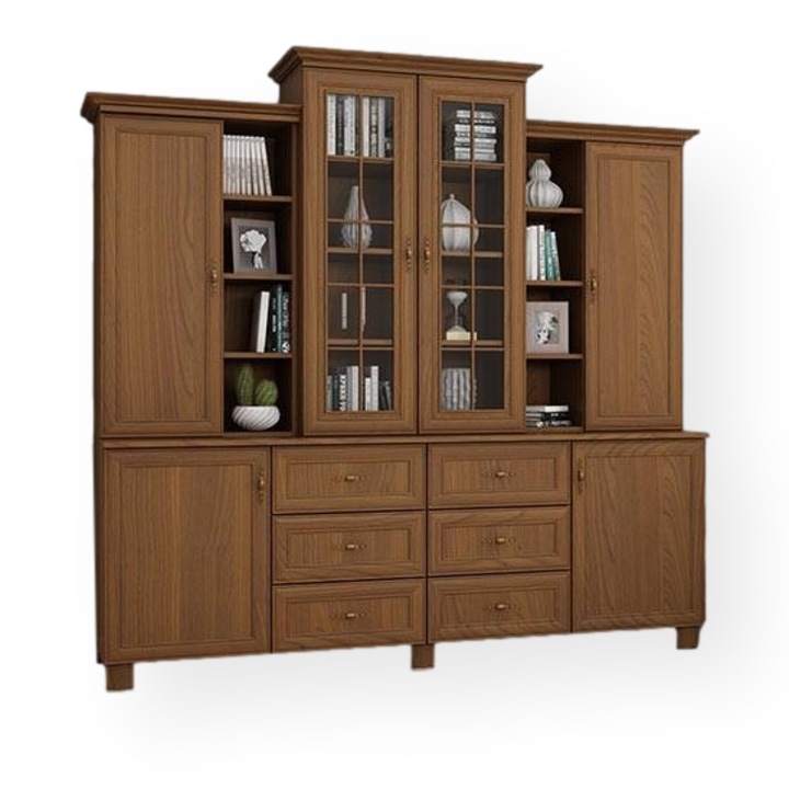 Vitrina, Meblast, 210 cm x 205 cm x 50 cm, dublu laminat, 18 mm, banda decorativa MDF, 6 usi, 6 sertare, Cires Porto