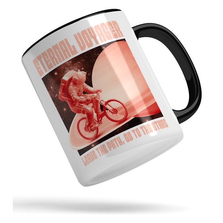 Cana Astronaut cu Bicicleta, Ceramica, 330 ml, Negru, Maro, Alb