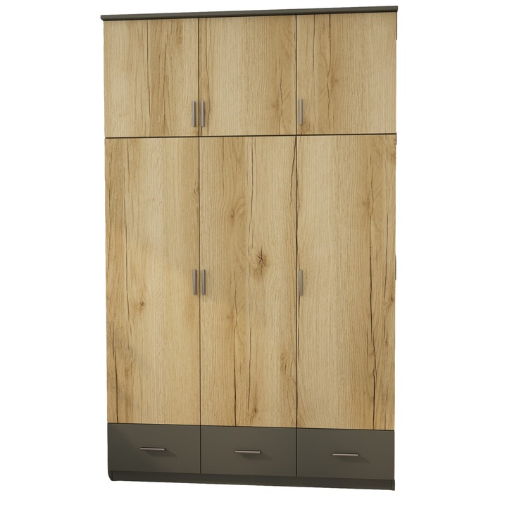 Dulap, Meblast, Premium lucrate manual, 150 cm x 242 cm x 60 cm, Sifonier, PAL 18 mm, HDF de 3 mm, PVC 0.8 mm, MDF, Numar de usi 6, Gri Grafit/Stejar Grand