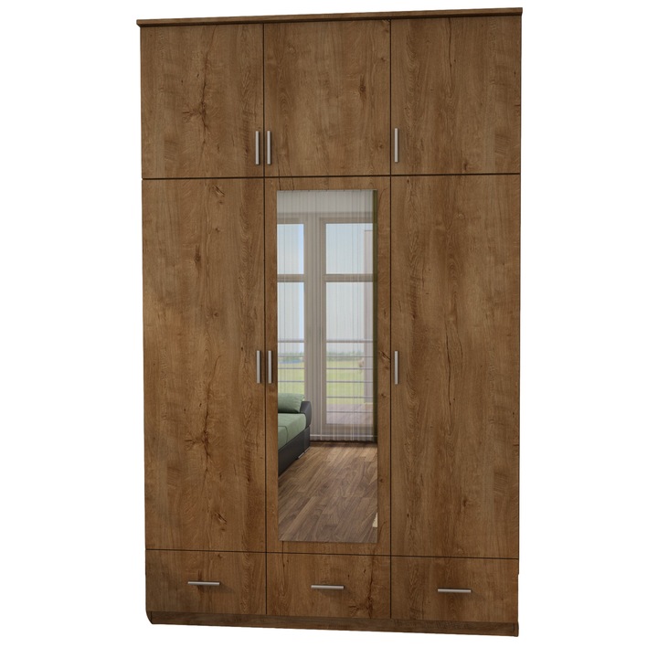 Dulap, Meblast, Premium lucrate manual, 150 cm x 242 cm x 60 cm, Sifonier, PAL 18 mm, HDF de 3 mm, PVC 0.8 mm, MDF, Numar de usi 6, Cu oglinda, Stejar Lefkas