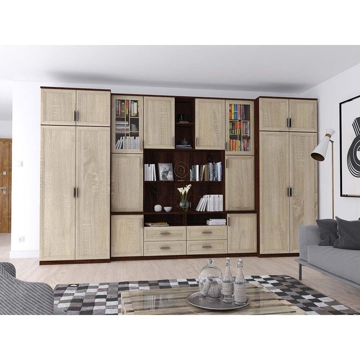 Set Mobilier pentru living, Meblast, Sawa, 390 cm x 232 cm x 55 cm, PAL 18 mm, HDF de 3 mm, PVC 0.8 mm, Sonoma Bright (banda MDF)/Sonoma Dark