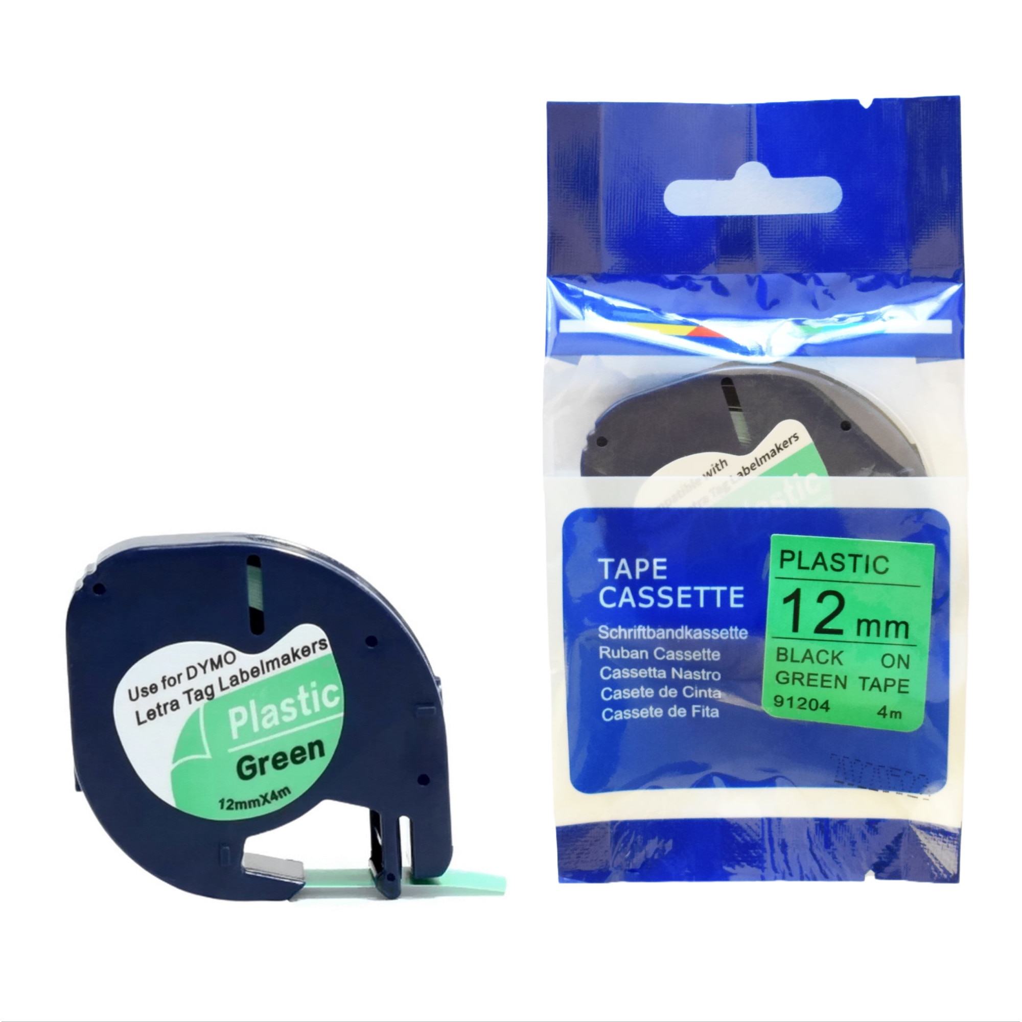 Cruxer Colour Direct - Cintas De Plástico Compatibles Con Dymo 91204, Negro Sobre Verde, 12 Mm X 4 M, Compatible Con Dymo LetraTag LT100H LT100T LT110T QX50 XR XM 2000 Plus, 4