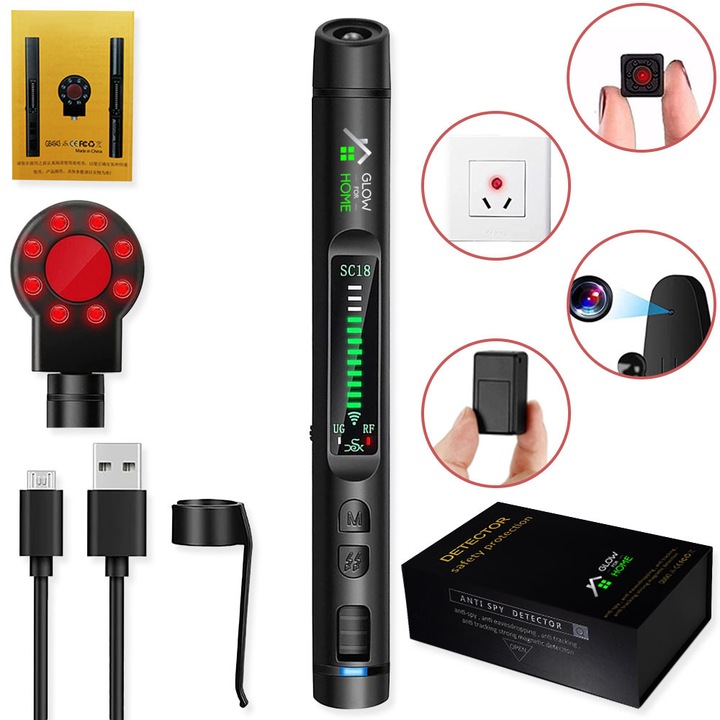 Dispozitiv cu Detector Aparate Spionaj, GlowforHome, Profesional, Detecteaza Camere ascunse, Microfoane, Localizatoare GPS, GSM, Reportofoane, Wireless, dispozitive cu frecvente 1-8000MHZ, antispion, calatorii, negru