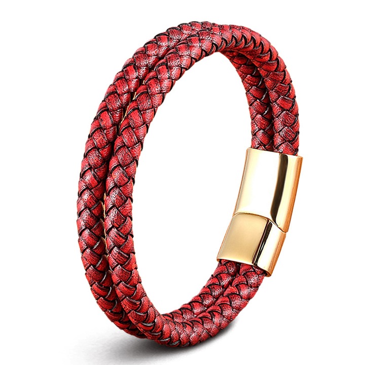 Bratara dubla din piele naturala si inox, BeSpecial, Lungimedwqf, Rosu, 21 CM