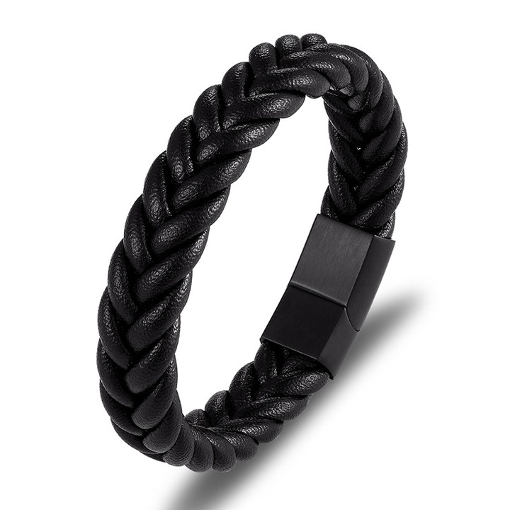 Bratara neagra din piele naturala si inox negru mat, BeSpecial, BIGP0140_23, Lungime 23 cm