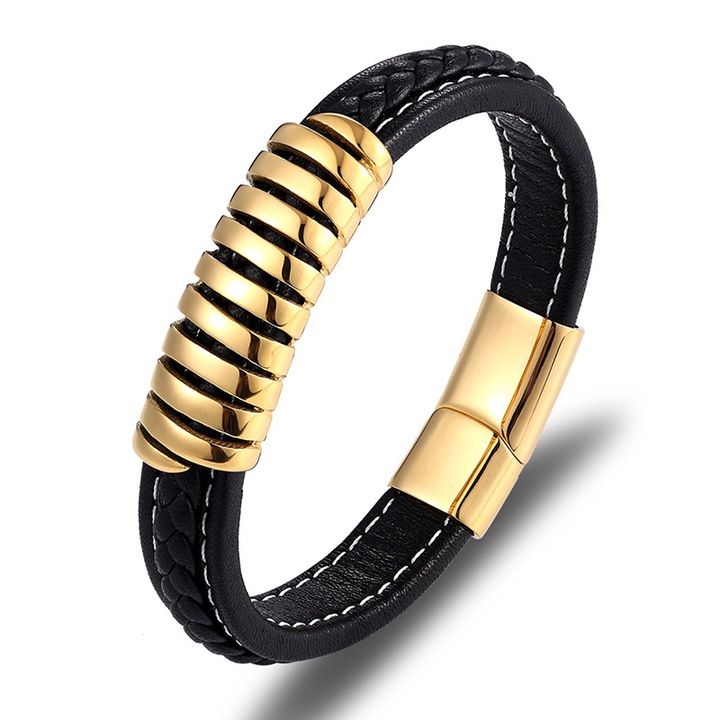 Bratara neagra din piele naturala si inox auriu, BeSpecial, BIGP0143_21, Lungime 21 cm
