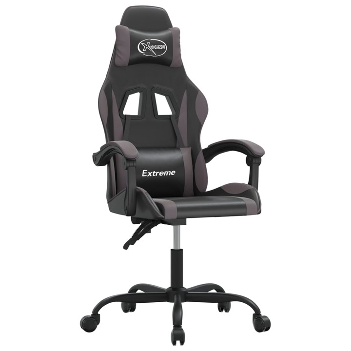 Scaun de gaming pivotant vidaXL, negru si gri, piele ecologica, 57,5 x 59,5 x (121-131) cm