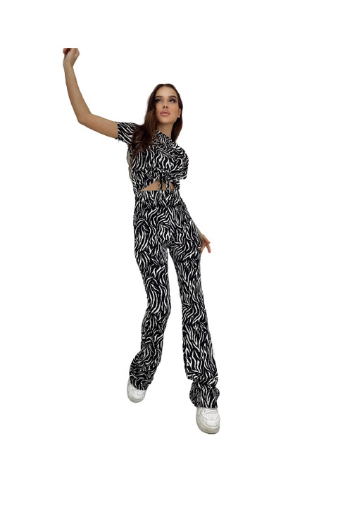 Compleu crop top si pantalon, alb, negru