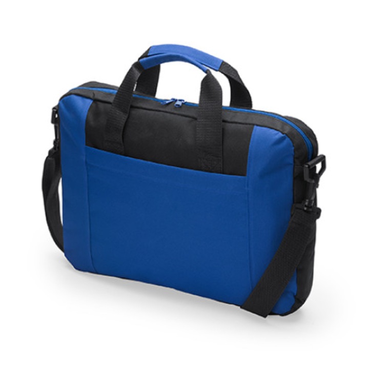 Geanta captusita pentru laptop din poliester 600D, negru si albastru, cu buzunar exterior, manere si curea de umar reglabila cu carabina