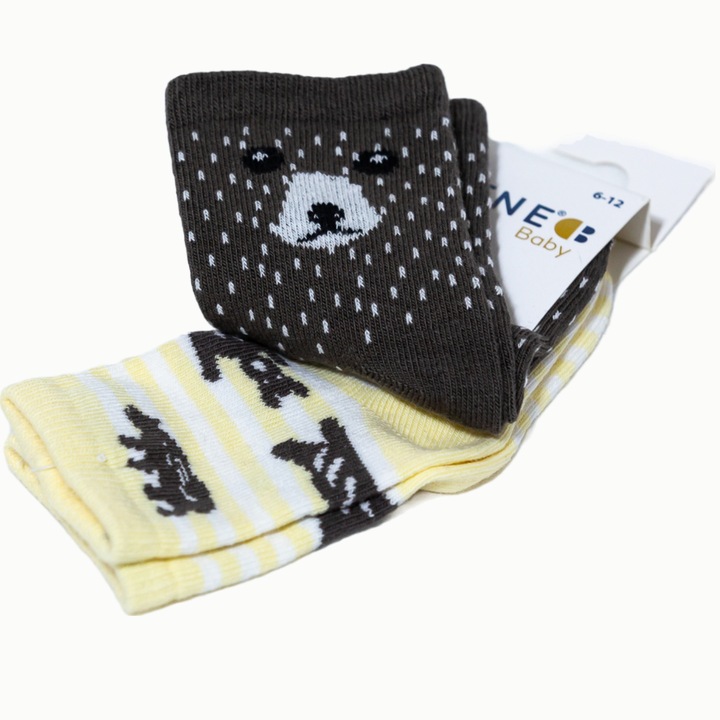 Set 2 perechi de sosete bebe, Motat, Maro|Galben, 6-12 luni