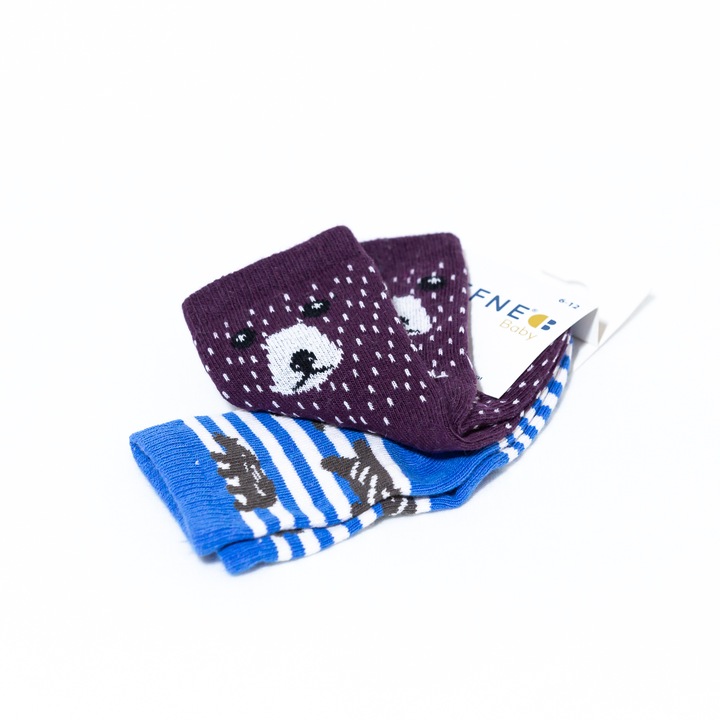Set 2 perechi de sosete bebe, Motat, Albastru|Mov, 6-12 luni