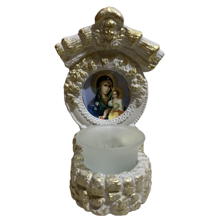 Candela ceramica cu icoana Maica Domnului – cu suport de sticla pentru lumanare, pictata manual, alb/auriu