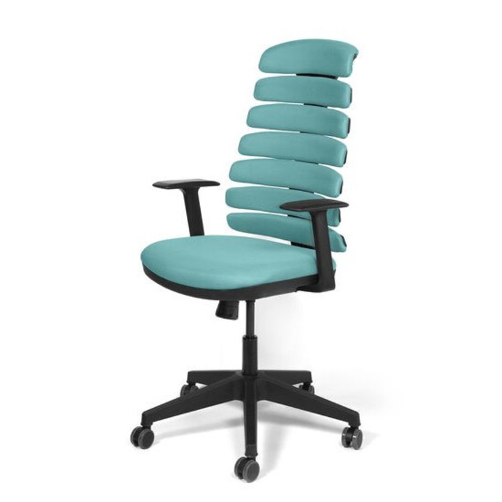 Scaun de birou ergonomic KRONSIT SALERNO, mesh 3D Air, Syncron, brate fixe, role soft din silicon, suport lombar, 120kg, turcoaz
