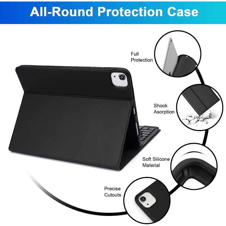 Husa cu tastatura si mouse pentru Samsung Galaxy Tab A11/ A9, 8.7'', Sigloo, Black, Bluetooth, Wireless, Magnetic, Protectie complatea si stand ajustabil