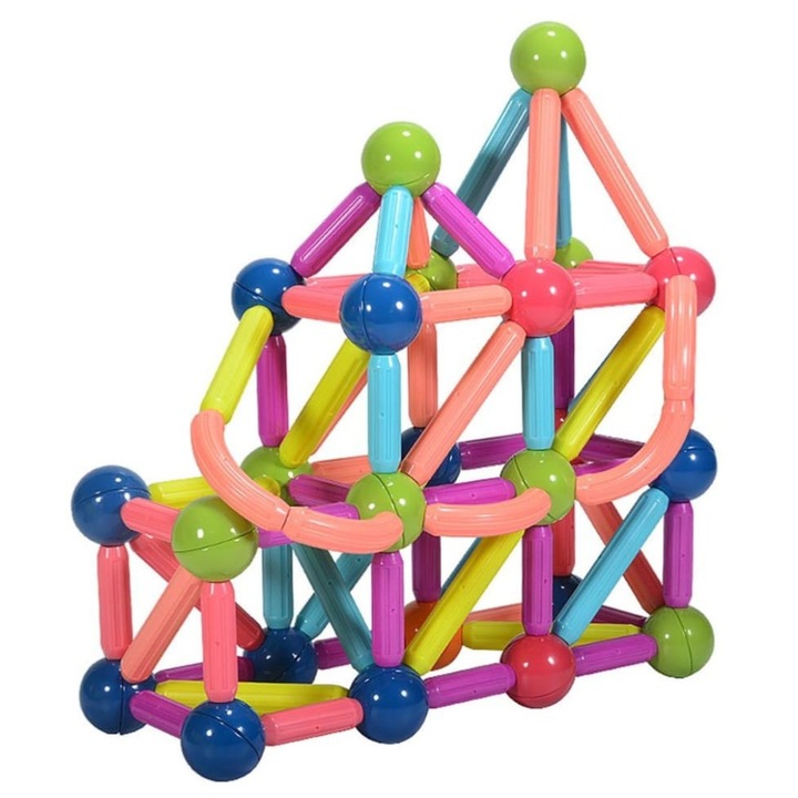 Set 64 piese magnetice, Puzzle de Constructie cu Magnet 3D, Magnetic Sticks, Multicolor, +3 Ani