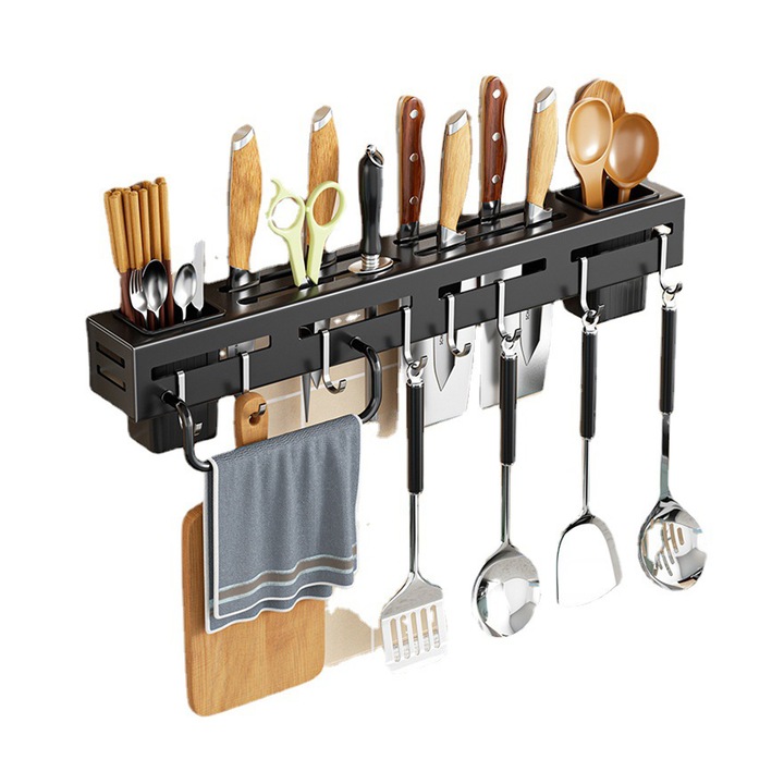 Organizator de perete pentru bucatarie, Darklove, cu 8 carlige agatare si un suport pentru prosoape, 60x5,5x5 cm, Negru