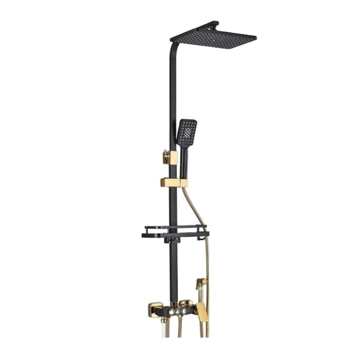 Coloana dus, Blackswan, Tip M144, model negru/ auriu ajustabil, cu pipa mobila, dus cu presiune mare si etajera, dimensiune 116 cm