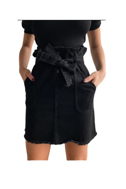 Fusta denim, negru, model cu talie inalta