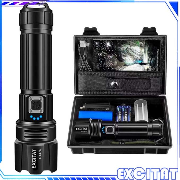 Lanterna tactica LED Excitat®, din aluminiu, sursa XHP70 Ultra-Bright, profesionala, focus ajustabil, acumulator inclus, rezistenta la apa, incarcare USB, 20000 lumeni, Negru