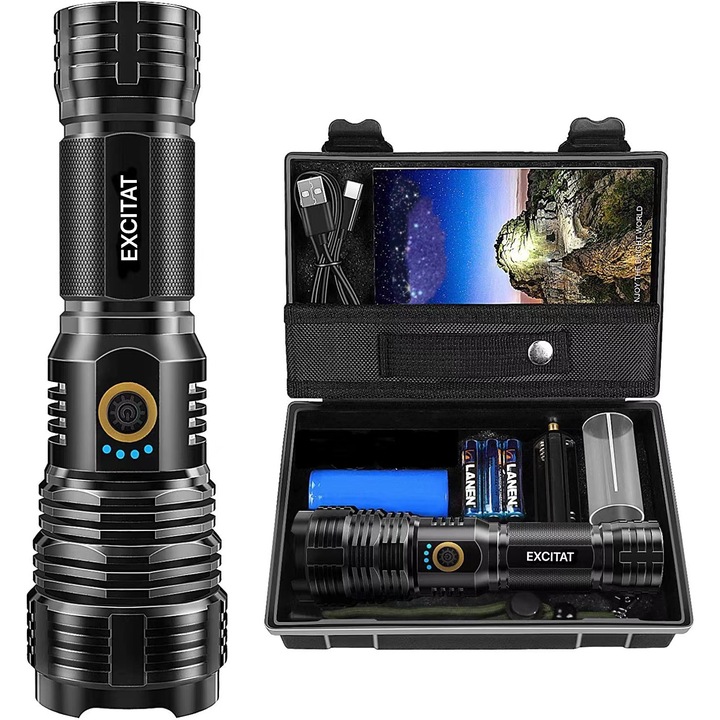 Фенерче XHP70, Excitat®, USB зареждане, 20000lm, 5 режима на осветяване, черно