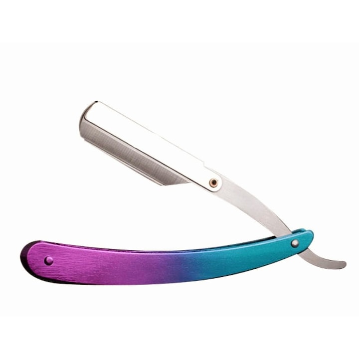 Brici pentru ras Sincise, otel inoxidabil cu lama interschimbabila, husa din piele, mov-albastru