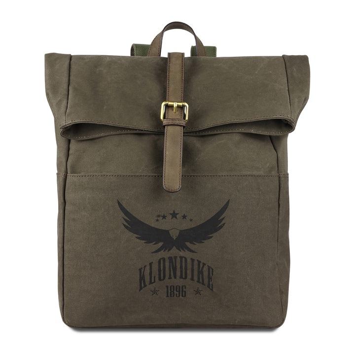 Rucsac pentru barbati, bumbac rezistent si piele naturala, Klondike, seria Dawson, Verde olive